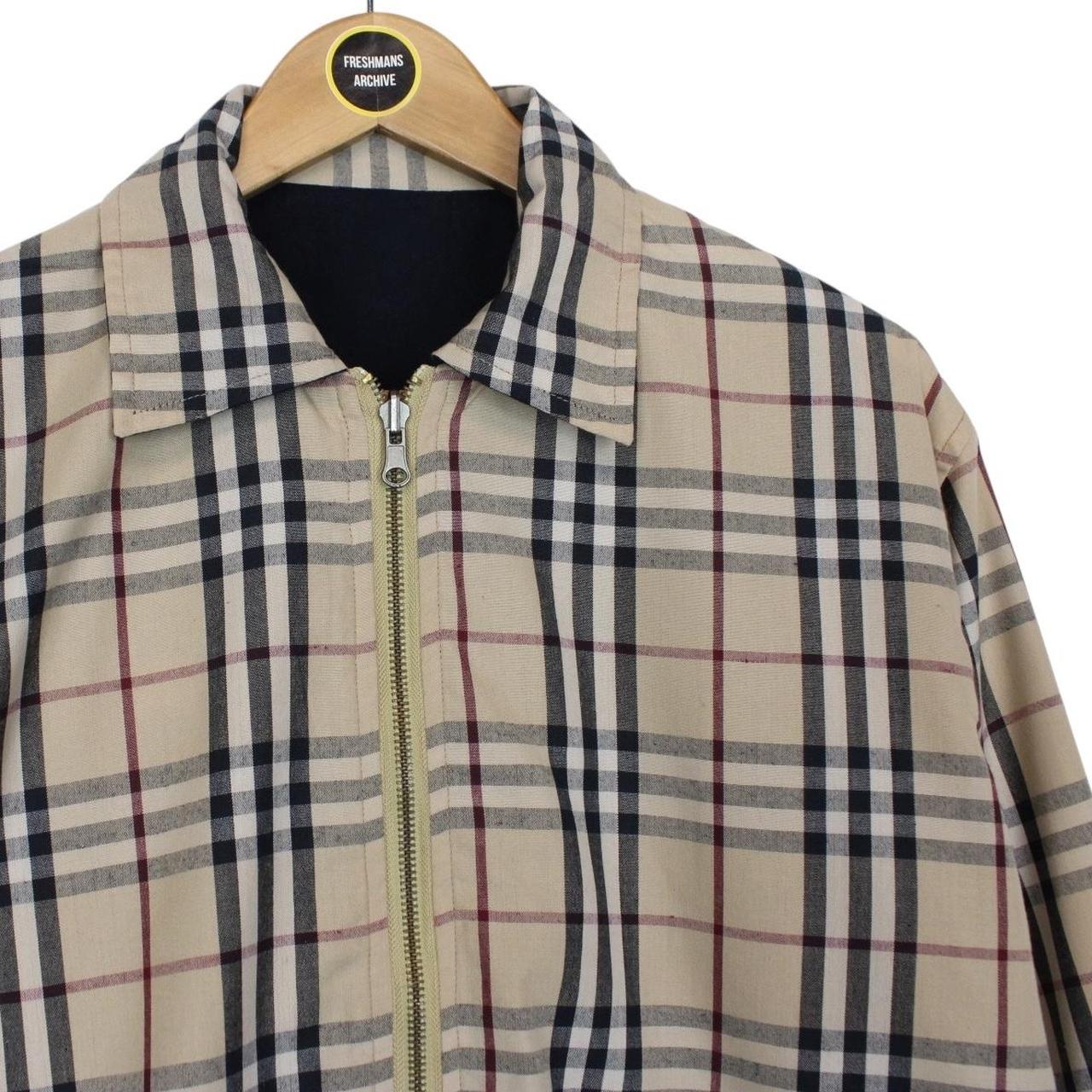 Vintage Burberry London Navy Blue and Tan Brown Nova Check Reversible Harrington