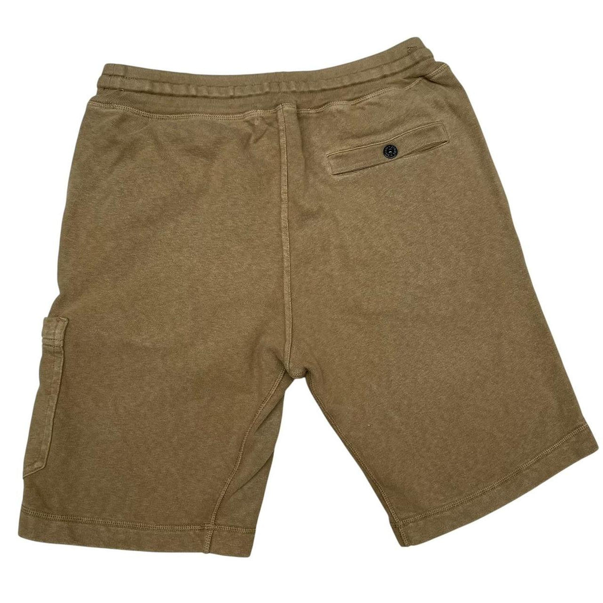 Stone Island khaki brown jogger shorts with logo patch and cotton material.