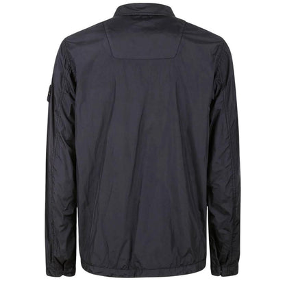 Stone Island black overshirt jacket with full zip, two zipped pockets, and snap button cuffs.
