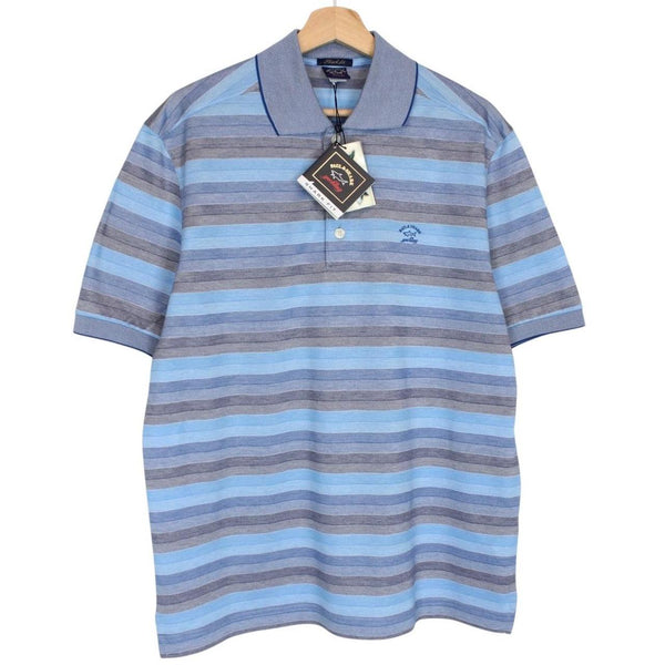 Paul & Shark blue and grey striped short sleeve cotton pique polo shirt with logo.