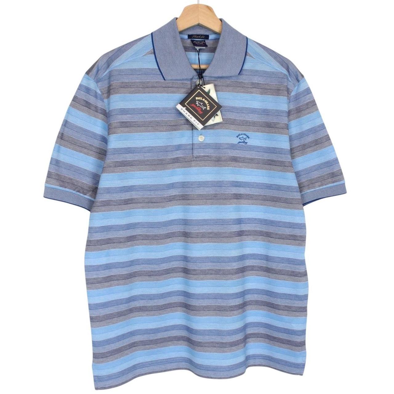 Paul & Shark blue and grey striped short sleeve cotton pique polo shirt with logo.