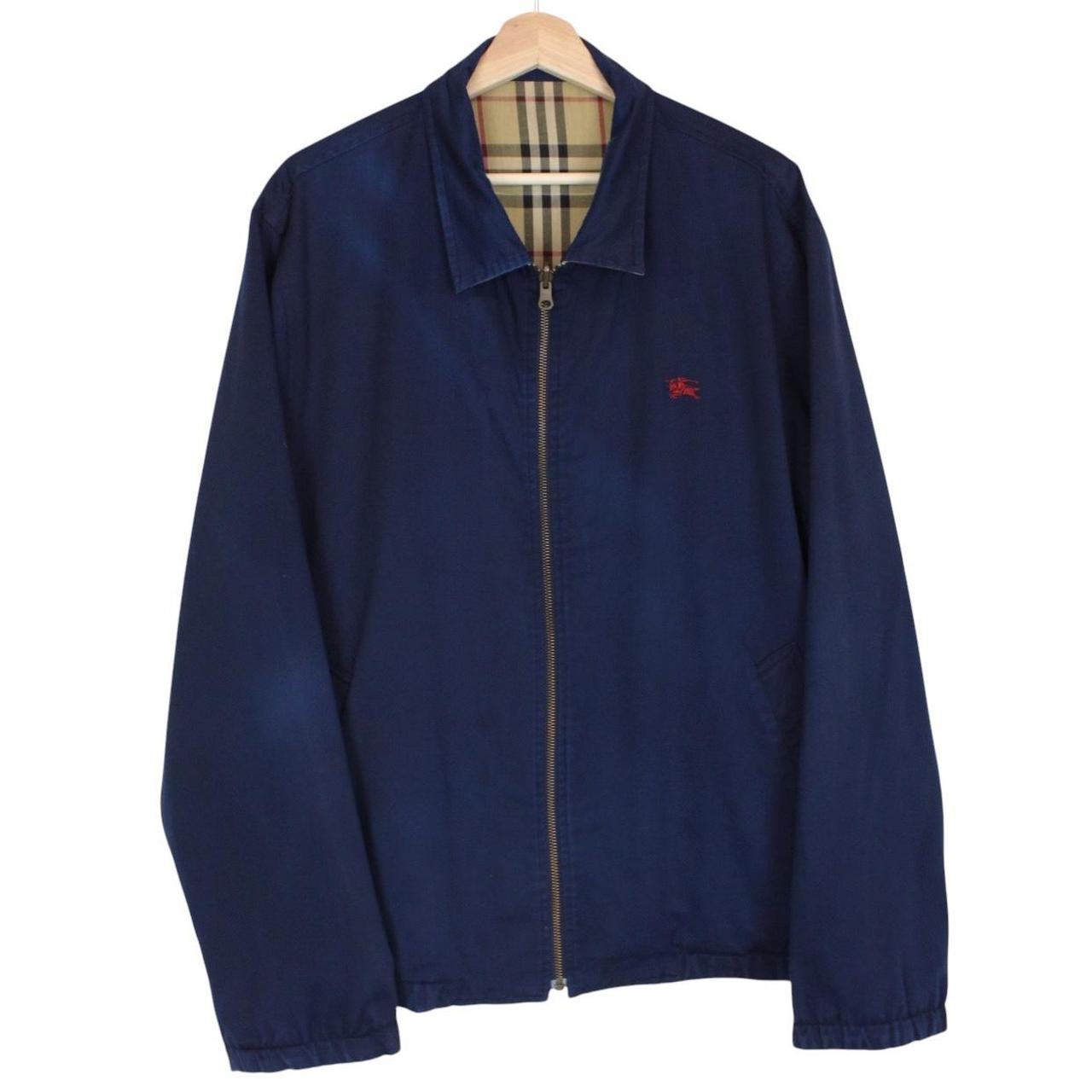 Vintage Burberry Tan Brown and Navy Blue Nova Check Reversible Harrington Jacket