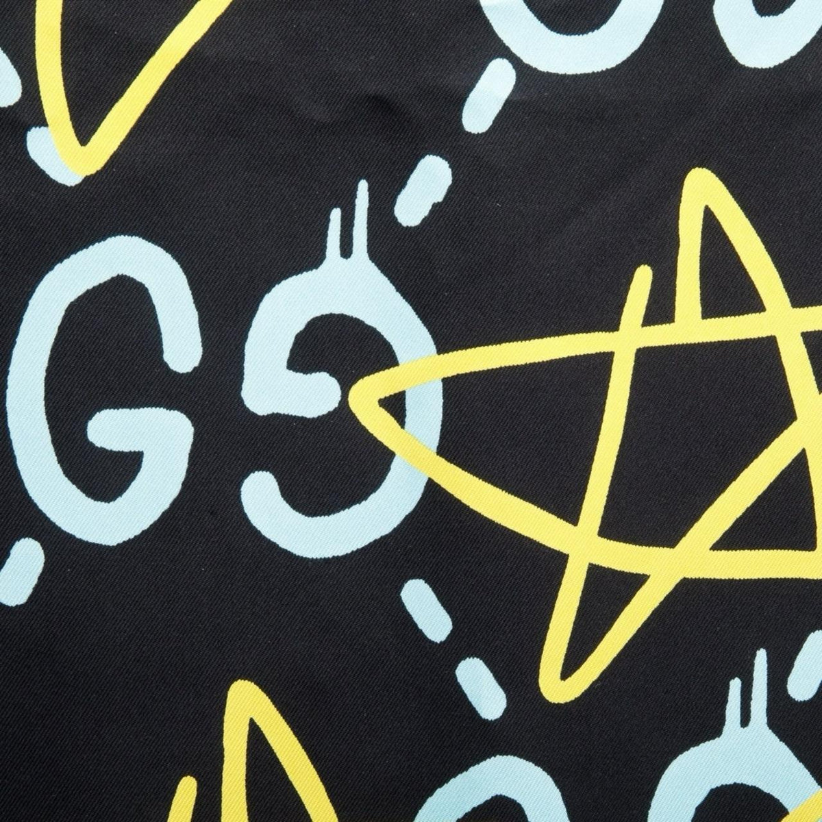Gucci black and blue modal silk scarf with GG star pattern and logo.