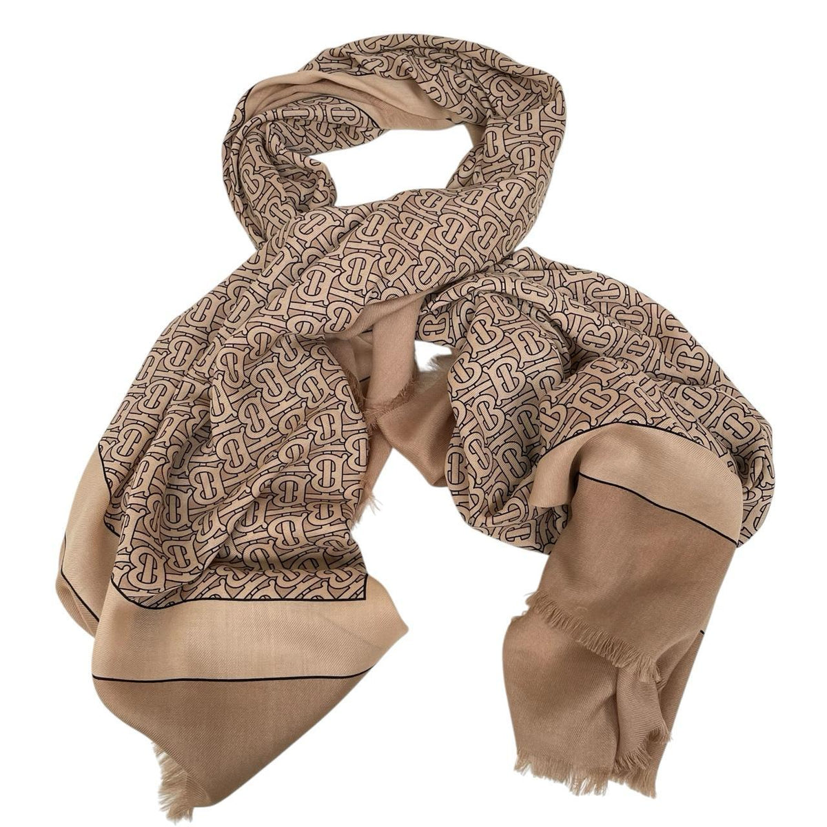 Burberry cashmere shawl scarf tan brown and beige TB monogram pattern.
