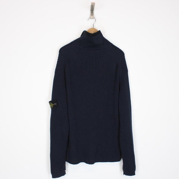 Vintage Stone Island AW 2002 Navy Blue Ribbed Wool Knit 1/4 Zip Jumper