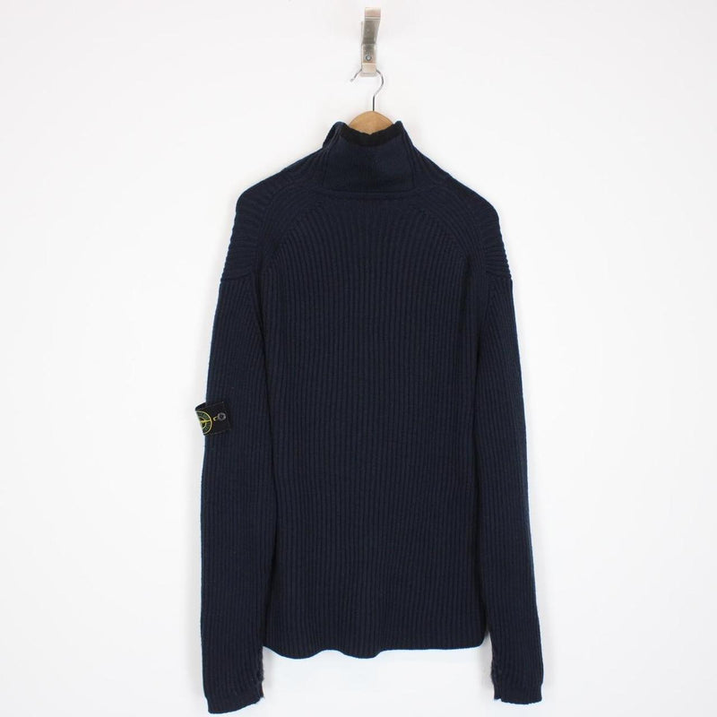 Vintage Stone Island AW 2002 Navy Blue Ribbed Wool Knit 1/4 Zip Jumper