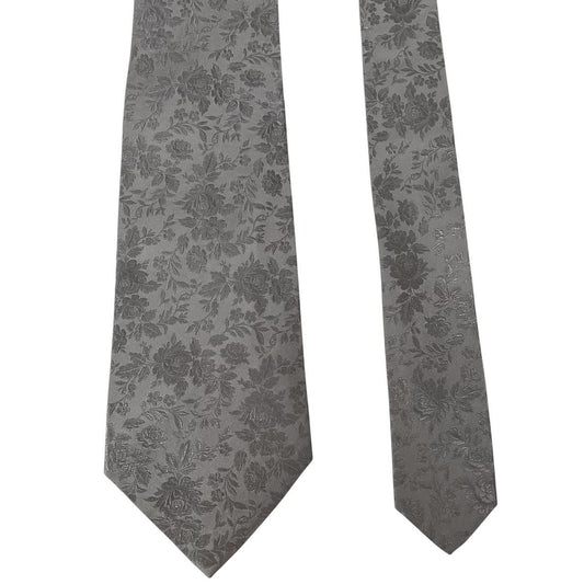 Paul Smith silver silk tie with floral print and brand logo detail.