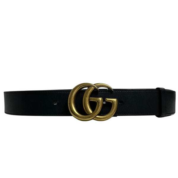 Gucci black leather Marmont belt with antique gold double G logo buckle.