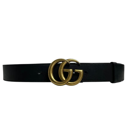 Gucci black leather Marmont belt with antique gold double G logo buckle.