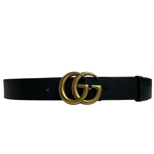 Gucci black leather Marmont belt with antique gold double G logo buckle.