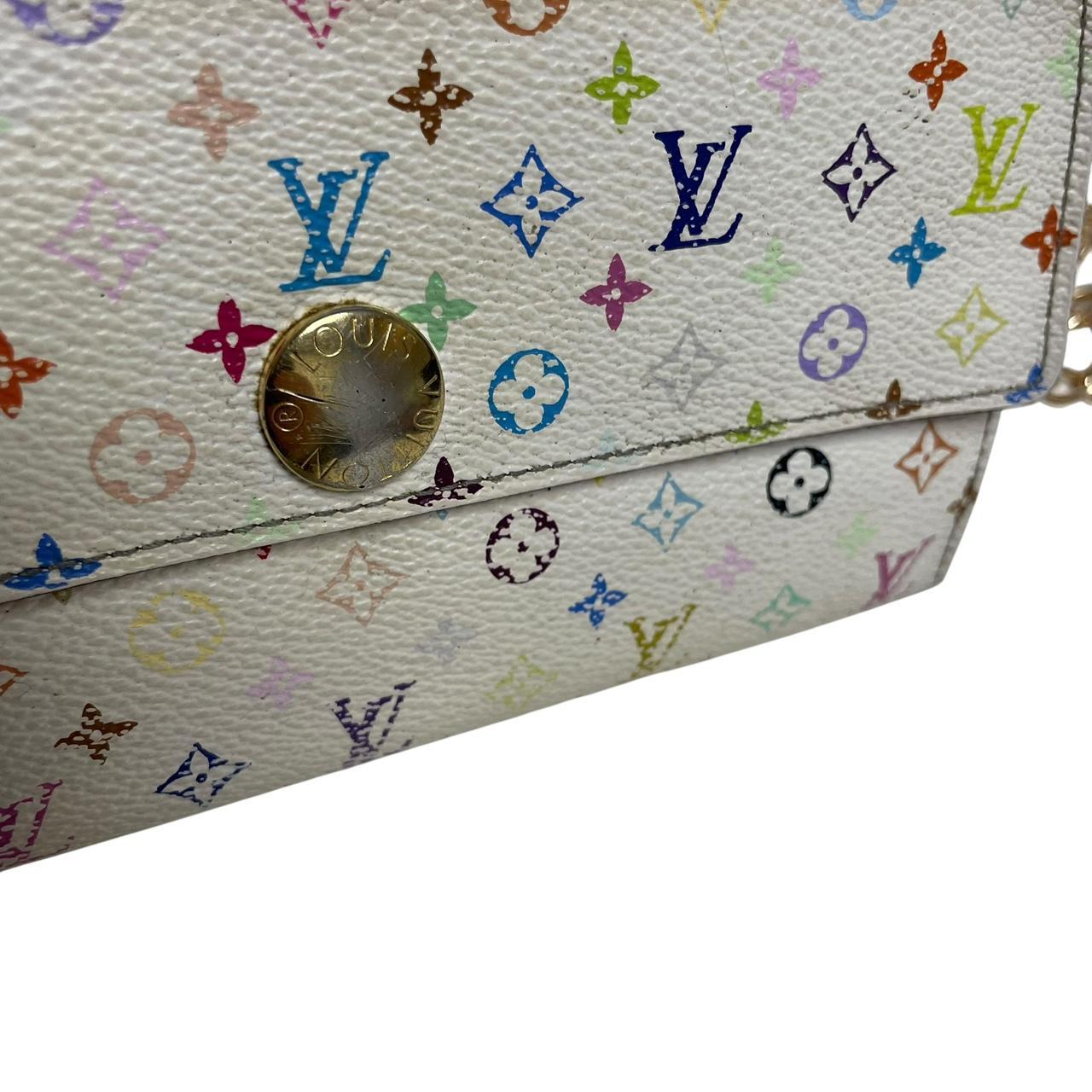 Louis Vuitton white crossbody wallet with multicoloured monogram and gold strap.