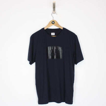 CP Company Navy Blue and Black Block Logo Short Sleeve T-Shirt