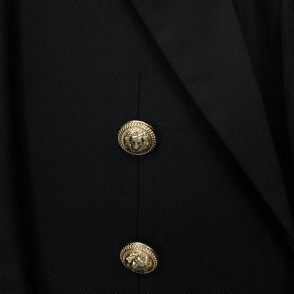 Balmain black cropped blazer jacket silk blend with gold buttons and logo detailing.