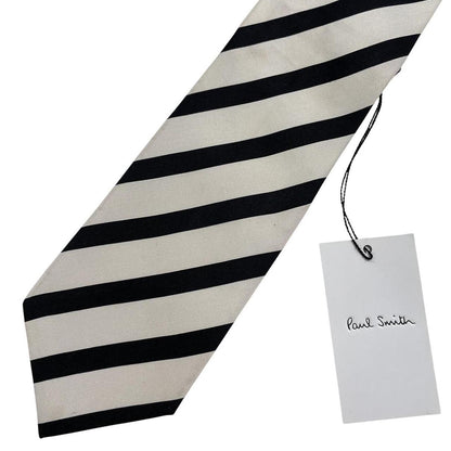 Paul Smith black and white striped silk tie with logo detail, brand new with tags.
