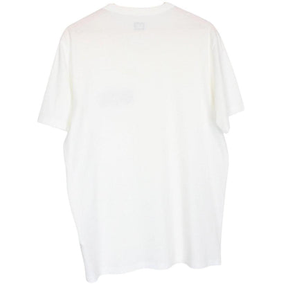 CP Company white short sleeve cotton t-shirt with chest logo print and pocket detail.