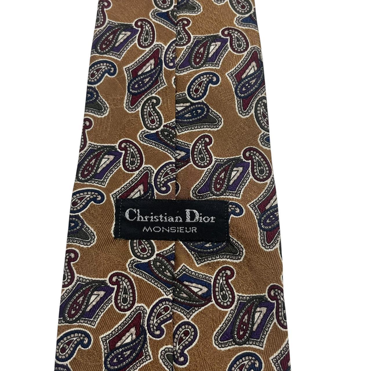 Christian Dior brown silk tie with abstract print and vintage design.