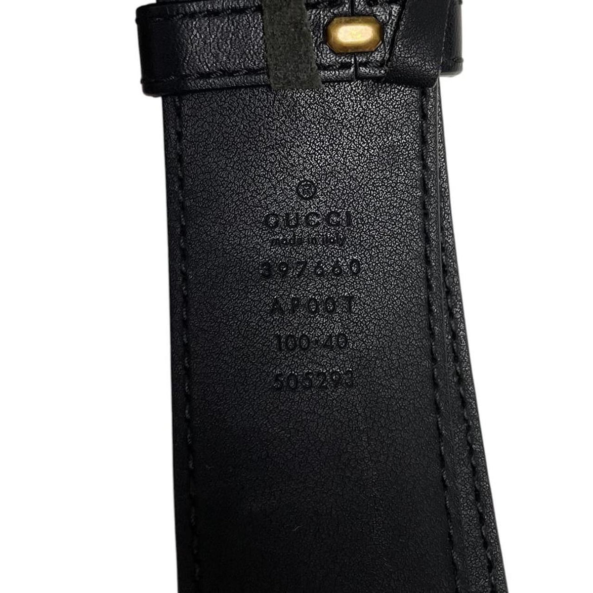 Gucci black leather Marmont belt with antique gold double G logo buckle.