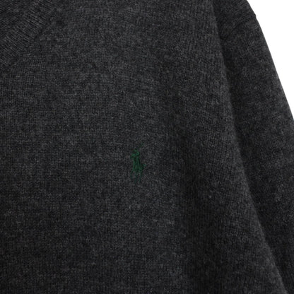 Polo Ralph Lauren grey lambswool knit v-neck jumper with embroidered logo.