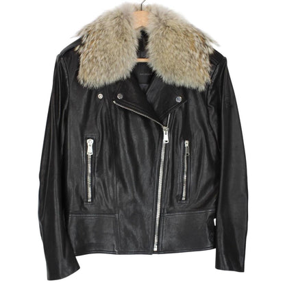 Belstaff black leather biker jacket with detachable coyote fur collar and logo detailing.