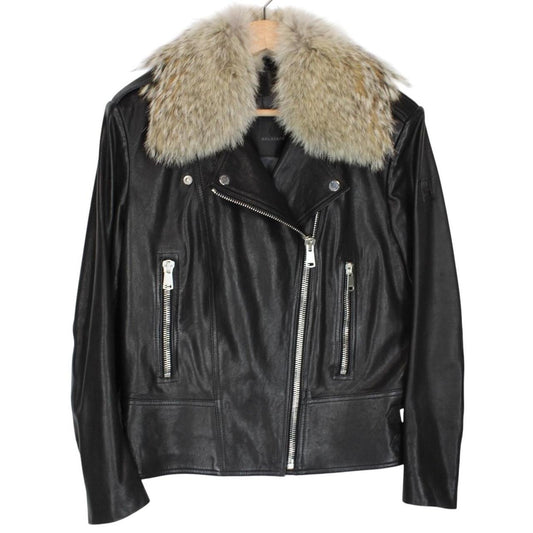 Belstaff black leather biker jacket with detachable coyote fur collar and logo detailing.