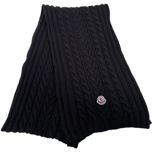 Moncler Black Virgin Wool Cable Knit Logo Scarf