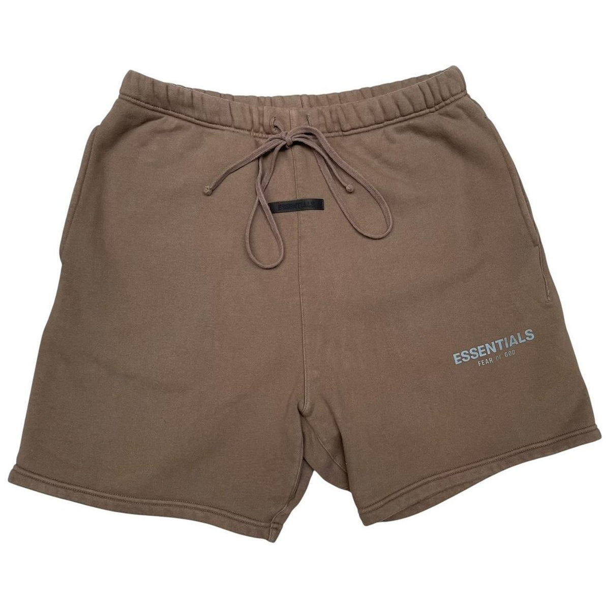 Essentials brown jogger shorts with logo detail and soft cotton material.