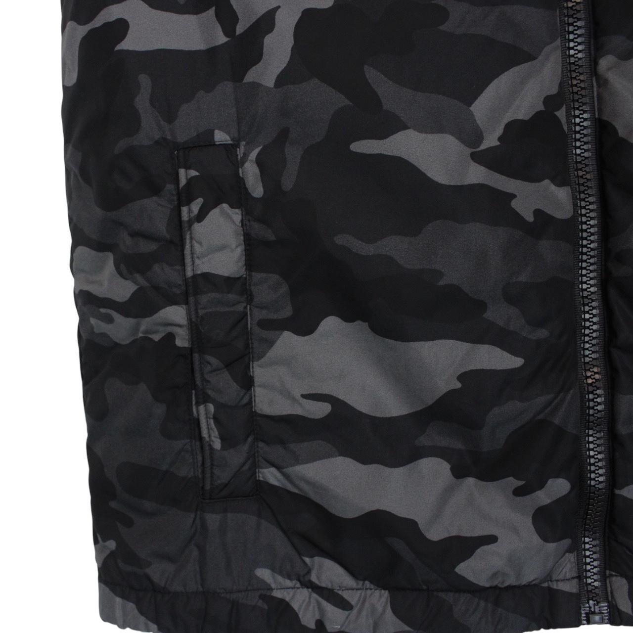 Moncler black and grey full zip down hooded gilet with logo and quilted design.