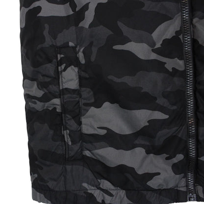 Moncler black and grey full zip down hooded gilet with logo and quilted design.