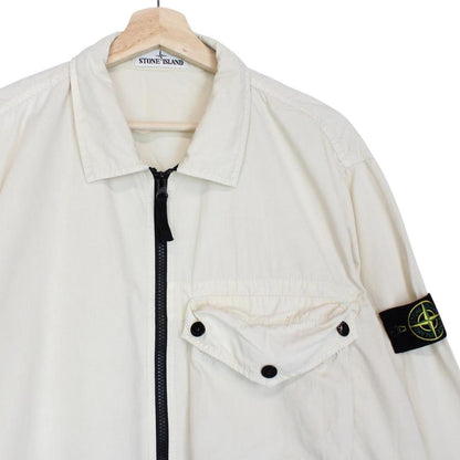 Stone Island cream full zip overshirt jacket with logo patch and cotton material.