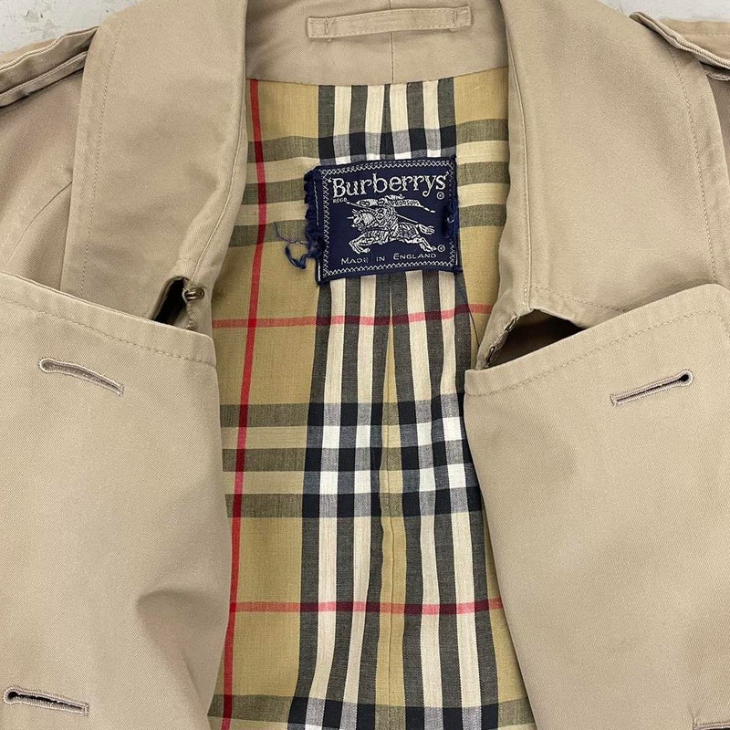 Vintage 90s Burberry Tan Brown Nova Check Double Breasted Belted Trench Coat