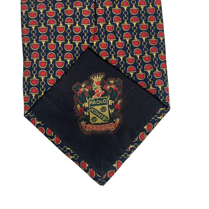 Gucci silk tie red and navy blue horsebit pattern with logo detail.