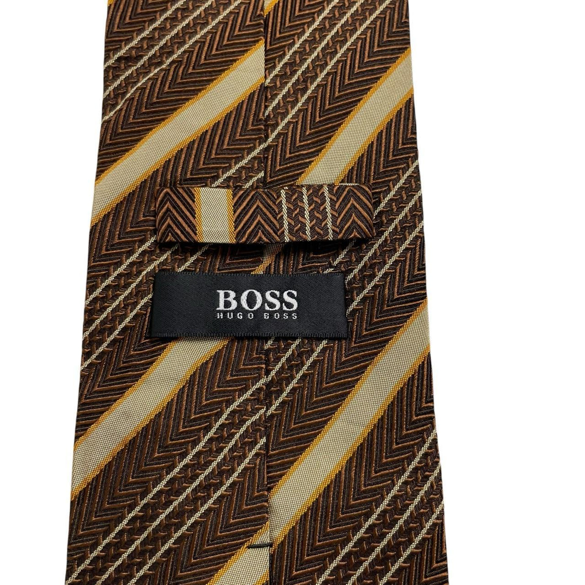 Hugo Boss striped silk tie in brown and beige with cream accents.