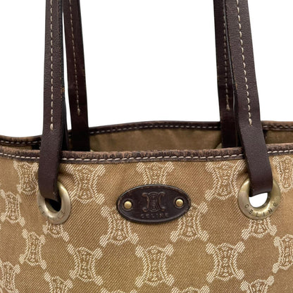CELINE beige denim tote bag with Macadam pattern and logo detail, pre-loved condition.