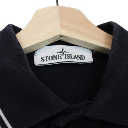 Stone Island black long sleeve polo shirt with embroidered compass logo, slim fit.