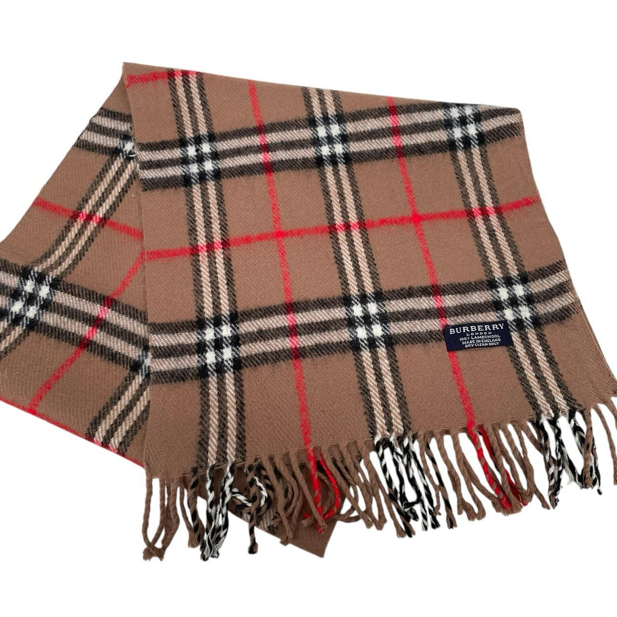 Burberry tan brown lambswool scarf with classic Nova Check pattern.