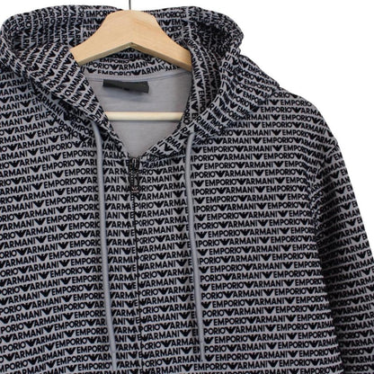 Emporio Armani black and grey hoodie with full zip and logo print design.