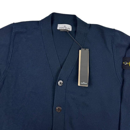 Stone Island navy blue cardigan jumper soft organic cotton with logo badge detail.