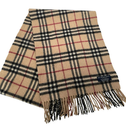 Burberry beige lambswool scarf featuring classic Nova Check pattern and logo.