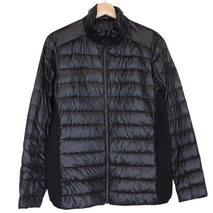 Moncler black lightweight down jacket with full zip and logo patch on sleeve.