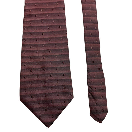 DKNY burgundy silk tie with striped pattern and logo detail.