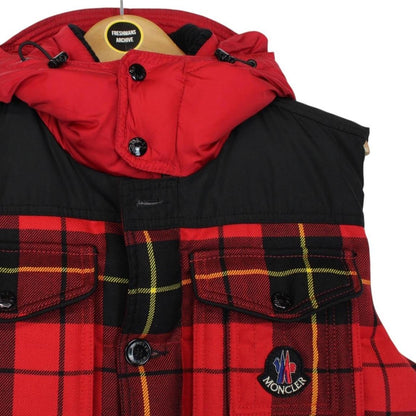 Moncler Red and Black Tartan Check Amirage Wool Down Gilet / Bodywarmer