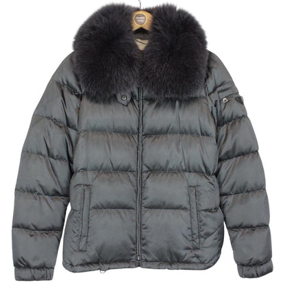 Prada Silver Resin Coated Nylon Fox Fur Collar Down Jacket