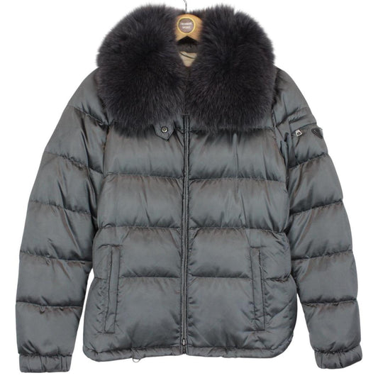 Prada Silver Resin Coated Nylon Fox Fur Collar Down Jacket