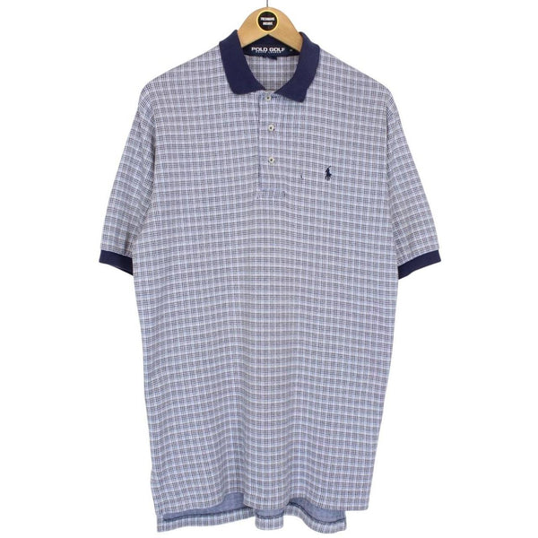 Vintage Ralph Lauren Blue, White and Black Checked Short Sleeve Cotton Polo