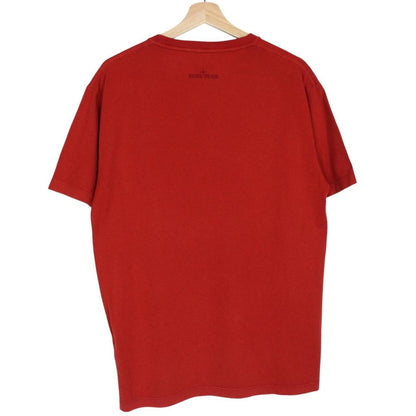 Stone Island red short sleeve t-shirt with reflective logo print and cotton material.