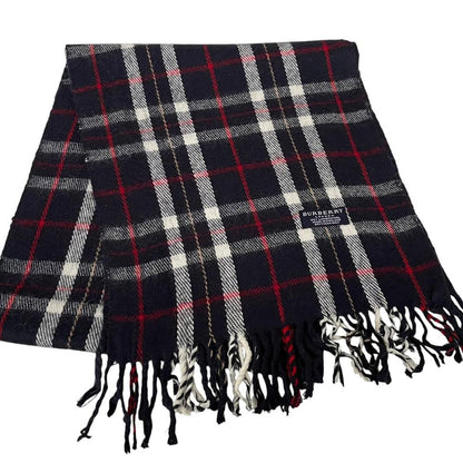 Vintage 90s Burberry Navy Blue Check Lambswool Scarf