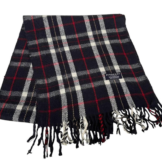 Vintage 90s Burberry Navy Blue Check Lambswool Scarf
