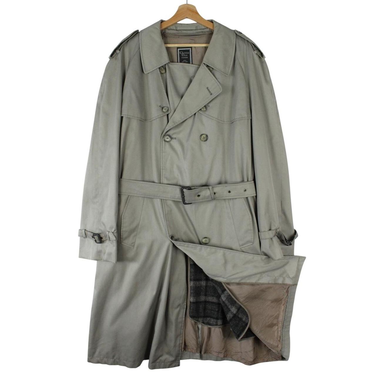 Christian Dior grey double-breasted trench coat with removable wool lining and belted waist.