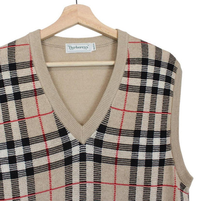 Vintage 90s Burberry Beige Nova Check Wool Knit Sweater Vest