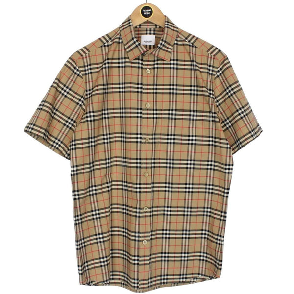 Burberry Tan Brown Nova Check Short Sleeve Poplin Cotton Shirt
